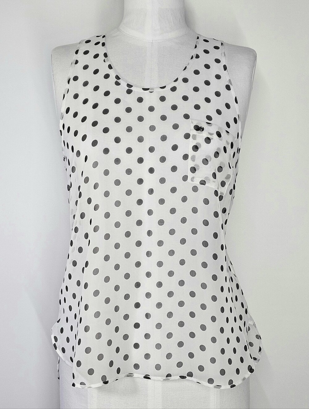 Guess Size M Tank Top Sheer White Black Polka Dot Sleeveless Cami Chiffon Hi-low